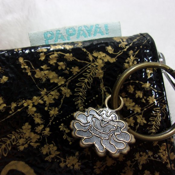 PAPAYA BLACK FOILED LOVE GOLDEN LOTUS FLOWER COIN PURSE WITH KEY RING - Picture 2 of 3
